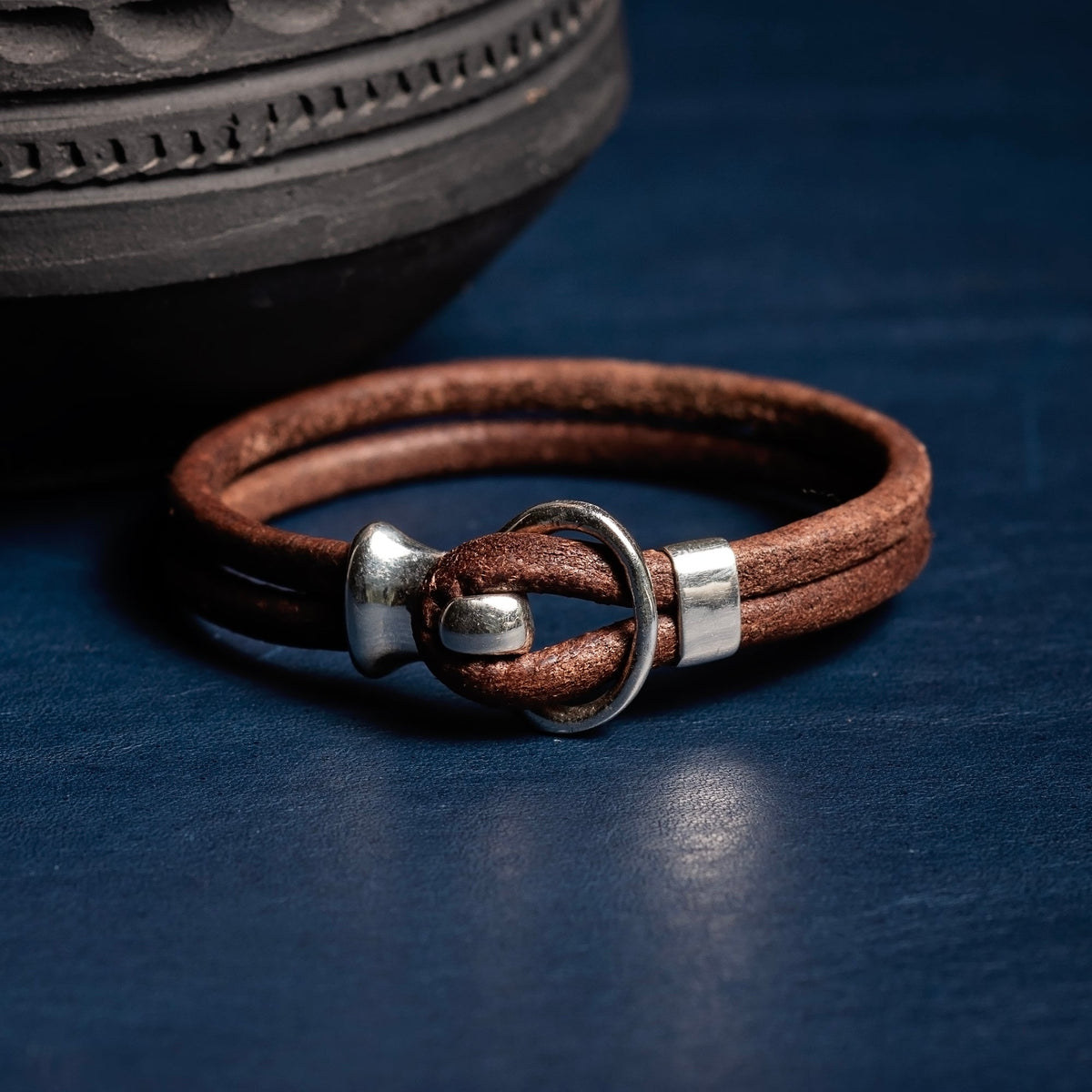 Leather Sterling Silver Mens Bracelet