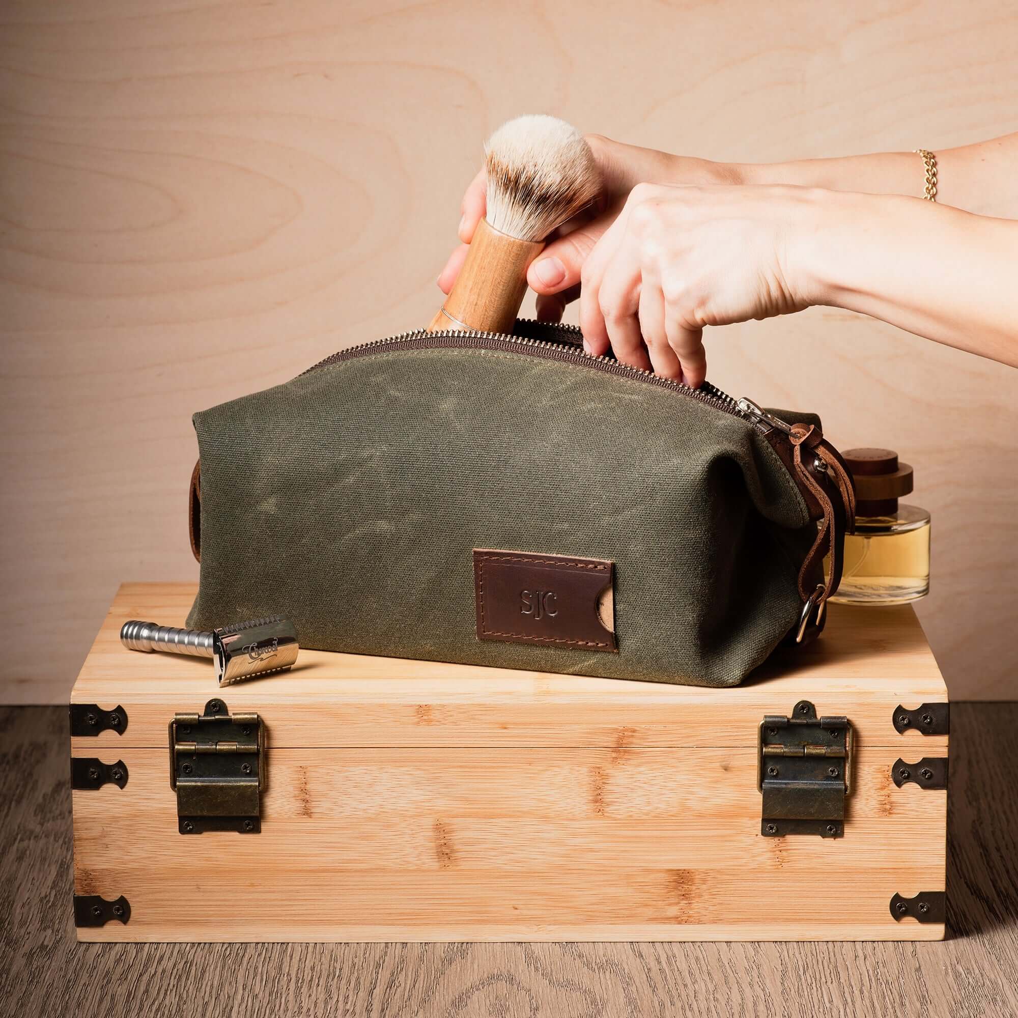 Personalized Toiletry Bag: Waxed Canvas Men's Toiletry Bag Olive / 2-Letter Monogram Personalized Toiletry Bag: Waxed Canvas Men's Toiletry Bag Olive / 2-Letter Monogram