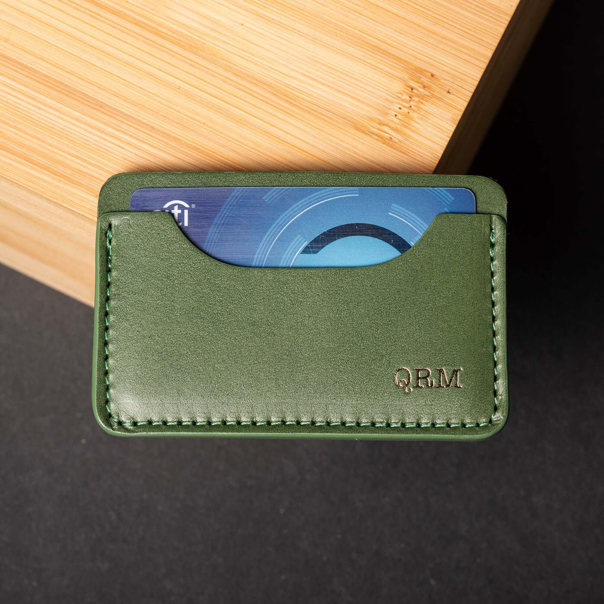 Personalized Leather Wallet - Minimalist Leather Card Wallet Forest Green / Blind