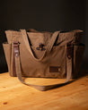 Waxed Canvas Large Tote Bag with Pockets - Brown