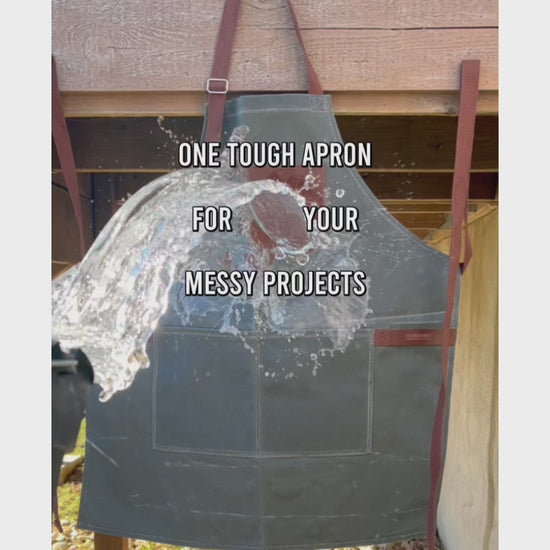 Video showing the waxed canvas aprons as water-, stain-, oil-, burn-resistant, and easy to wipe clean